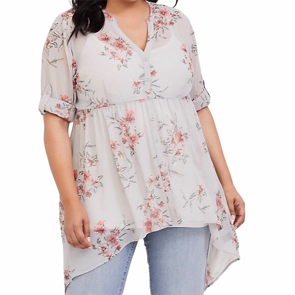 torrid Tops - Torrid Lexie Grey Floral Sheer Babydoll Tunic